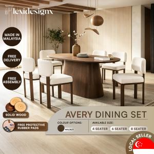 Flexidesignx AVERY White Boucle Fabric Dining Chair Solid Wood Table Walnut Wooden Semi Round Table