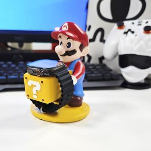 Cute Plumber Figure Watch Stand Compatible with Apple Watch Series Ultra/SE/10/9/8/7/6/5/4/3 Question Mark Mystery Block Desktop Charging Dock & Organizer Cartoon Resin Nightstand Desk Decor Display Holder