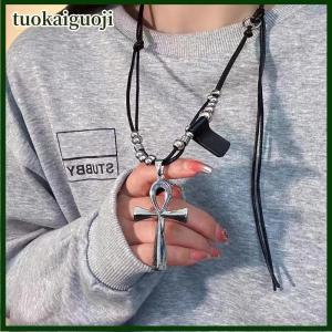 tuokaiguoji สร้อยคอจี้ไม้กางเขนโลหะแนวเรโทรสำหรับผู้หญิงสายคล้องสีดำแนวพังก์โกธิคแบบเชือกยาวสำหรับใส่ไปงานปาร์ตี้แฟชั่นของขวัญสำหรับ Y2K