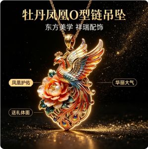 Fortune and Good Luck Keychain Gift 已开光 招财钥匙扣礼物 古风牡丹凤凰文创吊坠金属浮雕工艺凤戏牡丹项链国风开运纳福饰品