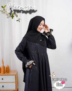Gamis hermosa bahan wolfis embos motif zamzam manset renda warna hitam marun caramel-gamis lebaran