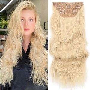Sué Exquisite 4PCS Clip in Long Soft Glam Waves Thick Hairpieces 20 inches Platinum Blonde Highlighted Golden Brown Hair Extensions Synthetic Fiber Double Weft Hair for Women Full Head