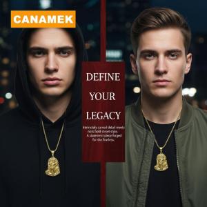 【CANAMEK】 Men Women Gold Plated Hip Hop Necklace Punk Head Pendant Fashion Statement Chain for Music Lovers