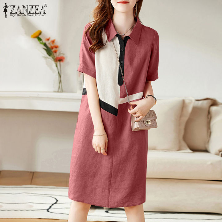 ZANZEA Korean Style Women's Dresses New Fashion Casual Short Sleeve Lapel  Contrast Color Midi Shirt Dress #10 | Lazada Singapore