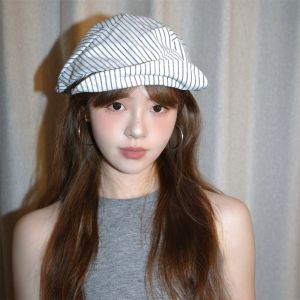REEBO Cotton and Linen Striped Berets Y2k Thin Painter Caps Casual Short Brim Octagonal Hat Ladies
