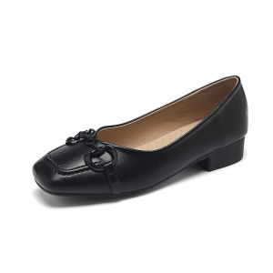 Giày Cho Mẹ Đế Mềm Gót Bằng Khóa Kim Loại Mũi Vuông Mẫu Mới Giày Một Lớp Cho Nữ Miệng Nông Thoải Mái