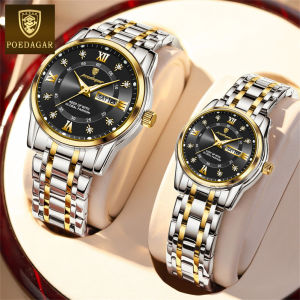 2PCS! POEDAGAR couple watch original branded sale water proof luxury stainless steel diamond dual calendar luminous business watch Christmas gifts