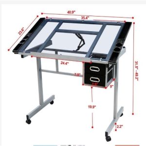 Drafting glass table with extra side table drawers and leather padded stool