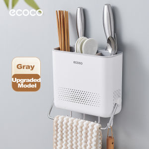 Ecoco Wall-Mounted Chopstick Storage Box With Hooks Knife Holder Kitchen Storage Rack  Punch-Free  Removable & Washable