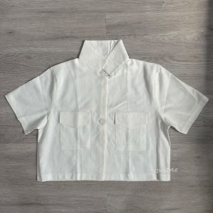 S1B01 เสื้อแขนสั้นคอปกผู้หญิง ครอป ผ้าลินิน กระดุม1เม็ด สีพาสเทล น่ารัก สดใส