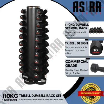 1KG to 10KG Rubber Tribell Studio Dumbbell Set with Rack