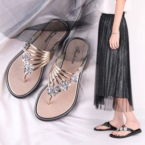 SELENAAL Waterproof Rhinestone Flip Flops Non-Slip Holiday Flower Sandals Beach Shiny Crystal Floral Slippers Girls