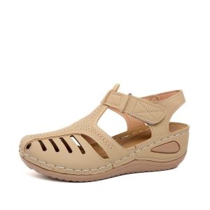 [Free Shipping] Plus-Size Wedge Sandals For Women New Summer Style With Velcro Straps Hollow Design Soft Sole And Comfortable Fit
