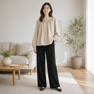 RUMIA Women Korean Style Loose Fit Long Sleeve Blouse Round Neck Pleated Design Button Front Casual Top Muslim Fashion Elegant Daily Wear Shirt Ready stock Baju wanita