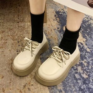 2022ใหม่รองเท้าไม่มีส้นพื้นหนาลูกไม้ขึ้นรองเท้าหนังลำลองผู้หญิงนิ้วเท้ารอบแมรี่เจนรองเท้าสไตล์วิทยาลัยรองเท้าเดียว（พรีออเดอร์）