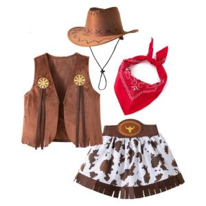 Girls Cowgirl Costume 4 Piece Set Western Styles Role Play Outfit Hat Vest and Short Skirt Scarf For Stage Shows