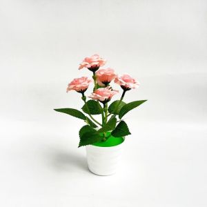 PLLEWY Multi-Bloom Artificial Rose Potted Flowers with White Pot Simulated Plastic Fake Flower 5 Heads Bonsai Home Decor