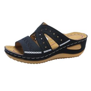 [Free Shipping] In Stock Plus-Size WomenS Wedge Sandals With A Fish-Mouth Design Thick Soles And Embroidered Details Size 43