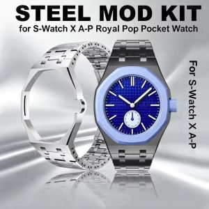 Luxury Stainless Steel Case+Strap For For Swatch X AP Royal Pop watch Changer to wristwatch Silicone Band Modification Kit Metal Bezel Watch Band