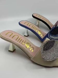 [Free Shipping] African high-heeled womens slippers sandals with rhinestones square toe suitable for outdoor wear