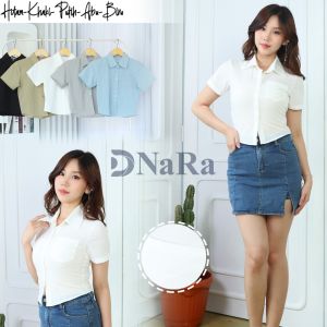 DNaRa - Fuji Top Pendek Kemeja Lengan Pendek Wanita gaya Korea atasan kemeja kancing perut gadis seksi