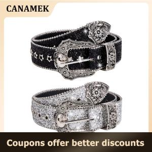 【 CANAMEK 】 Personality Gothic Rhinestone Belts For Women Girl Fashion PU Leather Belts Western Cowboy Y2K Retro Jeans Skirt Decor Waistband