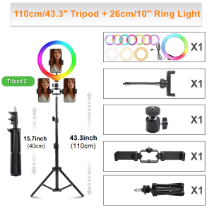 110cm/43.3inches Adjustable Live Broadcast Tripod Floor Selfie Light Video Photography Phone Holder Stand with 360°Rotation Gimbals