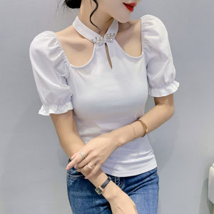 Áo Thun YIMEI Thời Trang Hàn Quốc Cổ Treo Gợi Cảm Áo Thun Nữ 2023 Thiết Kế Thời Trang Mới Hở Vai Áo Thun Không Khí Nước Ngoài Tay Áo Bong Bóng