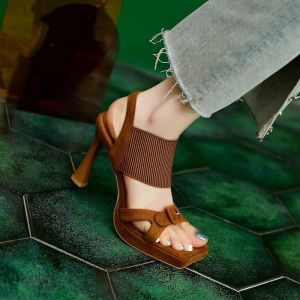 Summer Womens High Fine Heeled Shoes With Skirt Banquet Shoes Fashion Square Toe Sandals