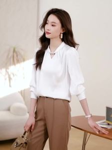AMMIN French Style Halter Neck Stand Collar Hollow Beaded Design Simple White Commuter Chiffon Blouse Womens 2025 Spring Autumn New Style Personality Splicing Long Sleeve Elegant Blouse