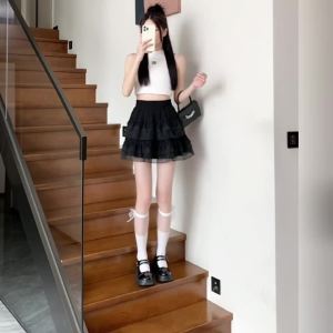 AMMIN กระโปรงทรงเอเค้กลูกไม้สำหรับผู้หญิง2024บัลเล่ต์เอวสูงยืดหยุ่นกระโปรงผ้าโปร่งเอวสูงหวานสไตล์เกาหลีฤดูร้อน