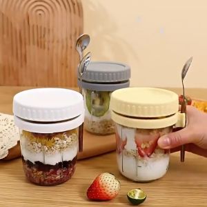 350ml Oatmeal Cup Glass Breakfast Yogurt Cereal Cup 2 in 1 Overnight Muesli Cup with Spoon Portable Oat Cup with Lid