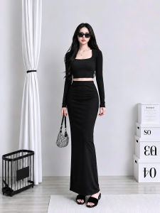 Set áo croptop cổ vuông tay dài kèm chân váy bút chì KVYBODY S36 chất thun cotton borip lụa dày mịn co giãn