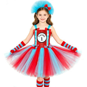 11.11 Sky Blue & Red Striped Tulle Tutu Outfit Classic Twin Character Cosplay Dress for Halloween Carnival Whimsical Storybook Party h2610