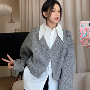 GanLai Women Coat Sweater Korean Womens Clothing Dignified Sense of Design V Collar Bandage Dress Slit Loose Long Sleeve Blouse Easy Matching Coat Student