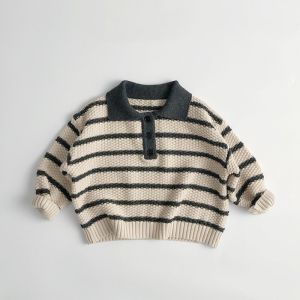 Trendy Childrens Striped Sweater 2025 Spring and Autumn Boys Girls Turn-down Collar Long Sleeve Knit Tops Kids Casual Clothes2026