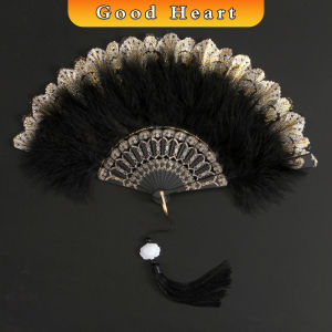 J.D. พัดจีนขนนกแต่งการเพนท์ลายไทยสีทอง พัดเต้นรํา สไตล์โลลิต้า พัดจีนขนนก มี 4 สี Feather Fan