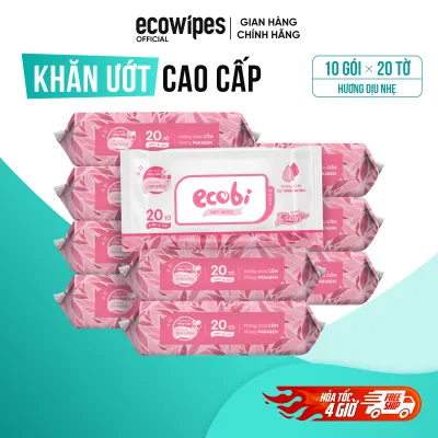 Thùng 10 gói khăn giấy ướt cao cấp an toàn cho bé Ecobi EcoWipes gói 20 tờ 110g Hương dịu nhẹ không cồn không parabens