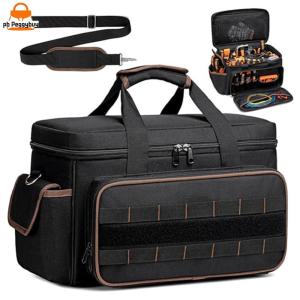 17 Inch High Capacity Wide Mouth Tote with 20 Pockets Large Tool Bag Organizer with Adjustable Shoulder Strap Heavy Duty Tool Bags for Electrician Mechanic Plumber HVAC