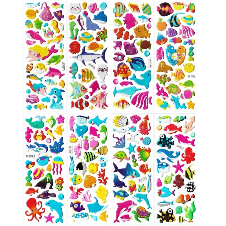 8 Sheets 3D Cartoon Sea Fishes Animal Stickers Ocean World Coral