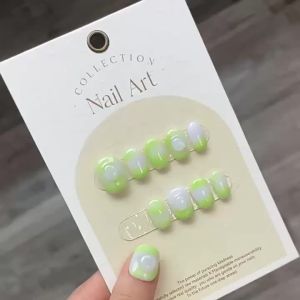 [HANDMADE]Artificial Nail Green Buds Hand Painted Smudged Fresh Phototpy Nails Reusable and Removable Nails