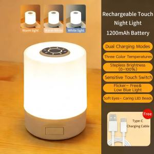 Touch Night Light LED Dimmable 3 Color USB Rechargeable Bedside Lamp with/Without Clock