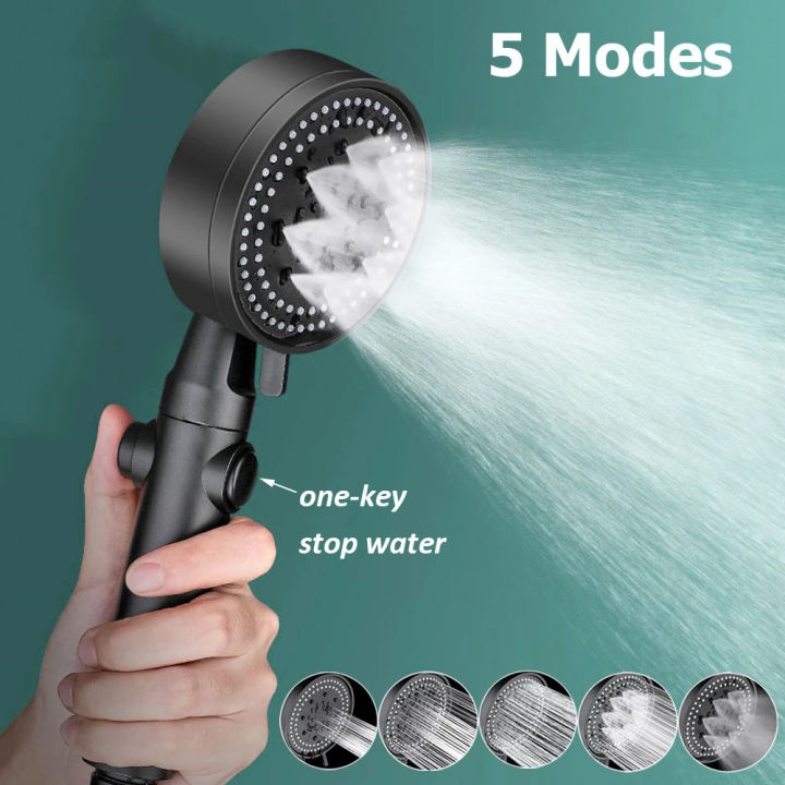 Shower Head 5 Modes Adjustable High Pressure Shower One-key Stop Water ...