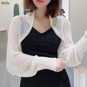 [ShiFu] Summer Women Solid Color Hollow Out Long Sleeve Sunscreen Loose Knitted Cardigan