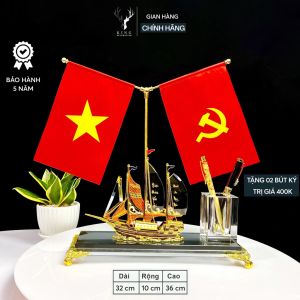Hộp Đựng Bút Doanh Nhân Thuyền Thuận Buồm Xuôi Gió Mẫu VIP 2 cờ Chất Liệu Đồng Mạ Vàng và Pha Lê K9 - Quà Tặng Sếp