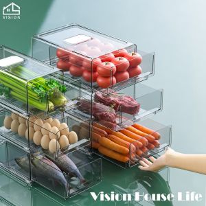 Vision PET Stackable Refrigerator Storage Box Transparent Plastic Refrigerator Fresh-keeping Box Drawer Fridge Organizer Kitchen Drain Storage Box Fruit and Vegetable Frozen Storage Container