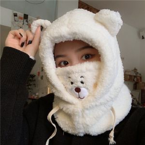 Cartoon Bear Ear Lamb Beanie Hat With Mask Winter Cartoon Hat With Mask Bear Ear Hats