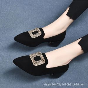 Free Shipping Spring New Collection: Genuine Soft Leather Soft-Soled Suede Mid-Heel Pointed-Toe Chunky-Heel Comfortable WomenS Flats