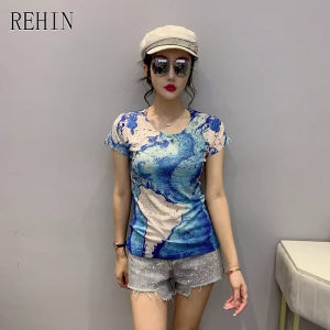 Rehin Áo thun in độc đáo tay ngắn thời trang mùa hè Áo mới cho nữ áo ôm vừa S-3XL cổ tròn cotton