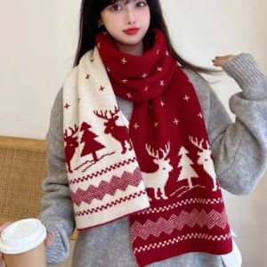 ผ้าพันคออบอุ่นในฤดูหนาวสำหรับผู้หญิง Men Deer Elk ผ้าพันคอถักสองด้านแฟชั่นผ้าคลุมไหล่ผ้าขนสัตว์ขนสัตว์ขนสัตว์ที่มีความหลากหลาย ที่ใช้ตกแต่งภายนอกสีแดงลายการ์ตูนกวางเรนเดียร์เกล็ดหิมะผ้าพันคอชายหญิงสำหรับผู้หญิงหวานๆของขวัญ Christmas